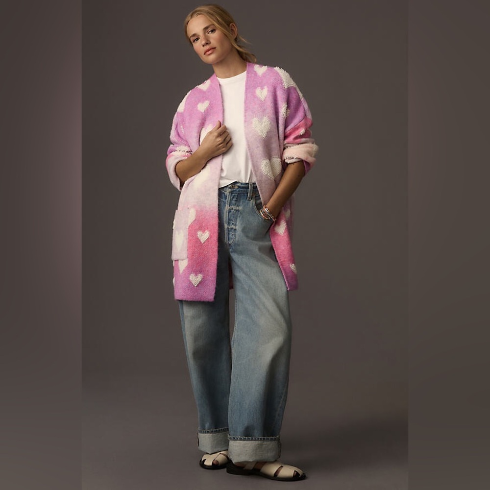 New Maeve x Anthropologie Ombré Hearts Cardigan Duster Sweater Petite sz XS/S P